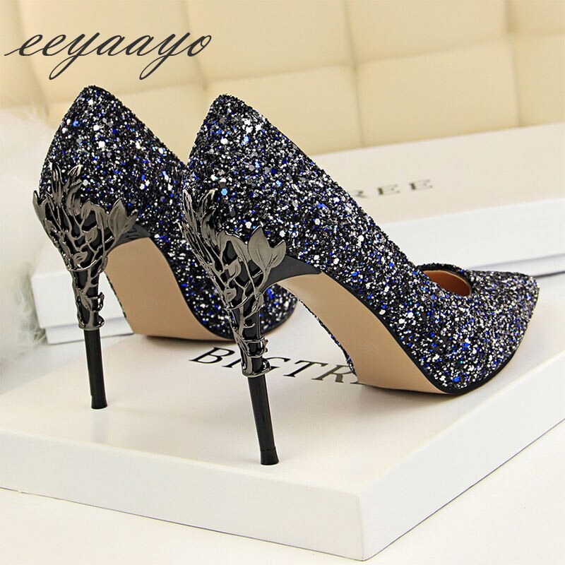 Women's Glitter Covered Stilettos with Metal Design on Heels Dsers