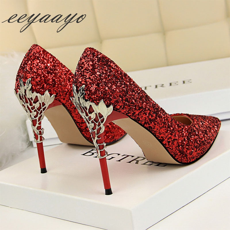 Women's Glitter Covered Stilettos with Metal Design on Heels Dsers