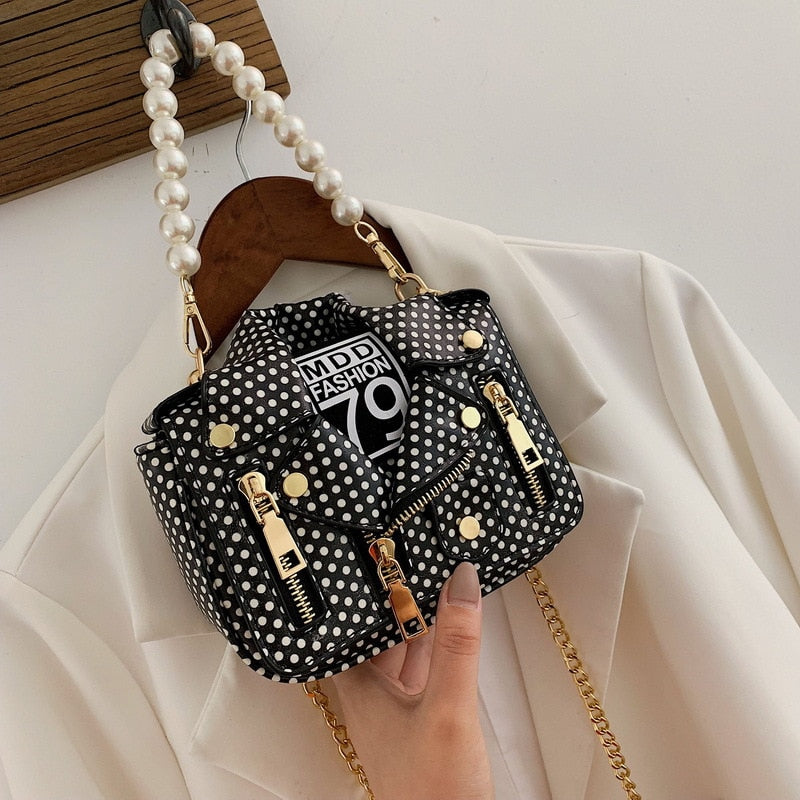 Women's Polka Dot Leather Jacket Style Handbag Dsers