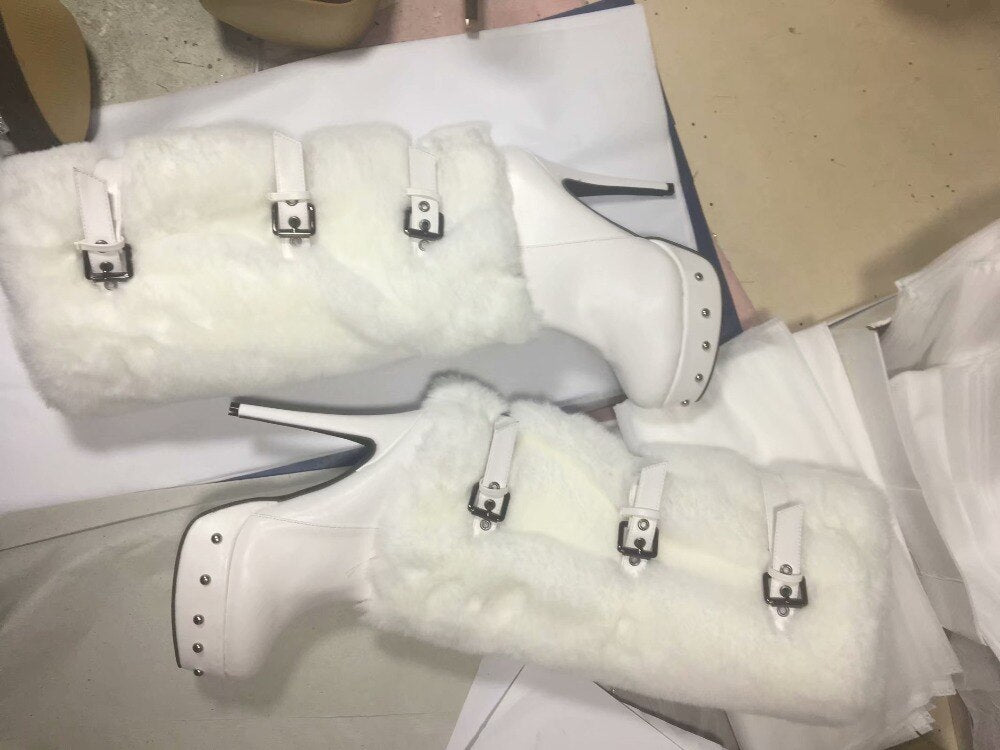 Women Snow Boots Platform  High Heels Casual White Winter Warm Faux Fur Female Buckle knee Boots Shoes Real Pictures Dsers