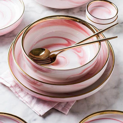 Pink Marble Ceramic Dinnerware Plates Lunch Food Fruit Salad Soup Deep Bowl Tableware Wedding Kitchen Utensils Porcelain Set Dsers