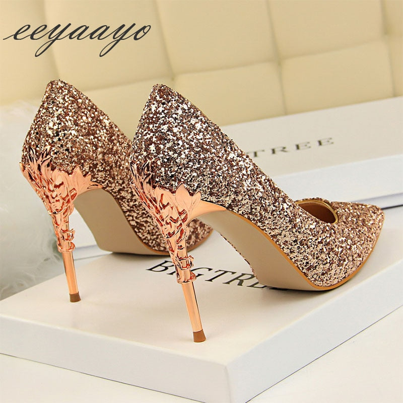 Women's Glitter Covered Stilettos with Metal Design on Heels Dsers