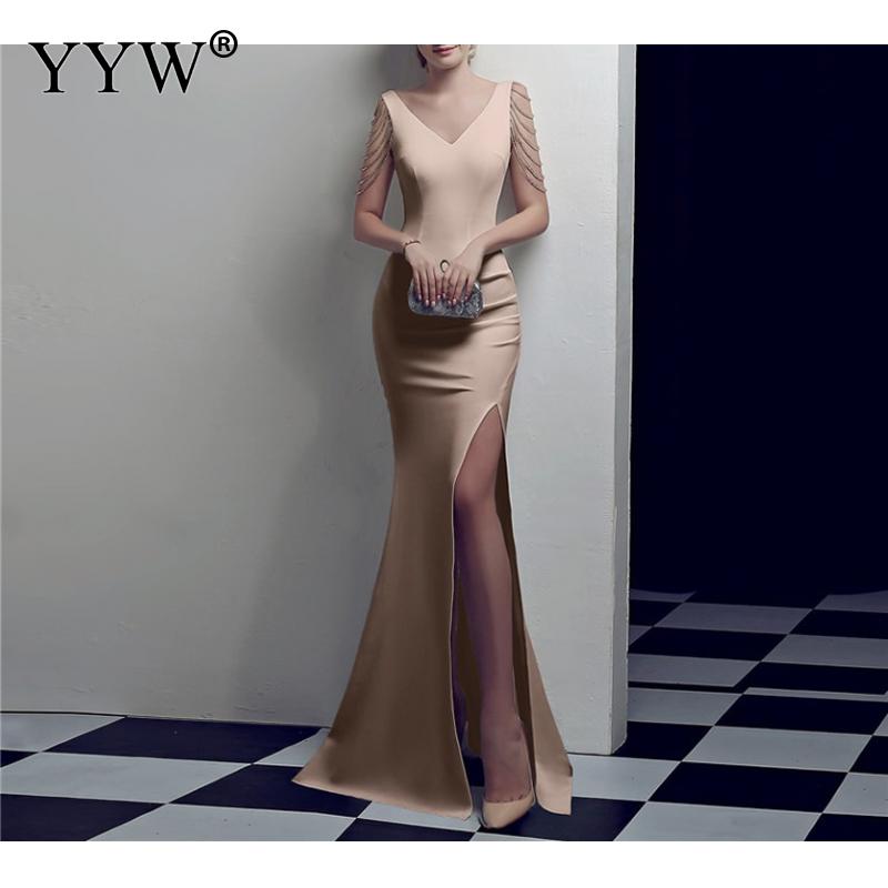 Women's V Neck Sleeveless Evening Dress with High Slit Dsers