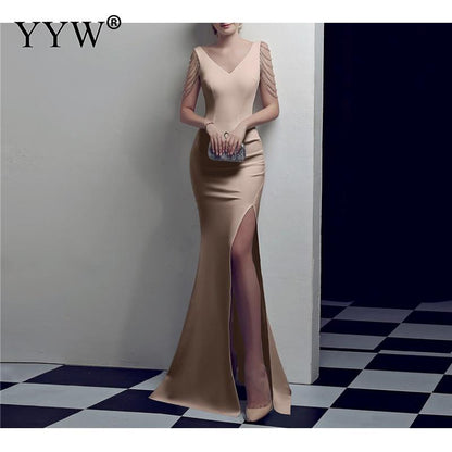 Women's V Neck Sleeveless Evening Dress with High Slit Dsers