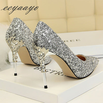 Women's Glitter Covered Stilettos with Metal Design on Heels Dsers