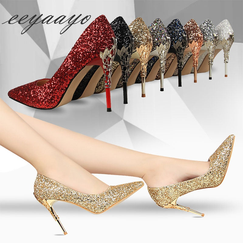 Women's Glitter Covered Stilettos with Metal Design on Heels Dsers