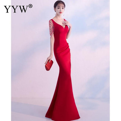 Women's V Neck Sleeveless Evening Dress with High Slit Dsers