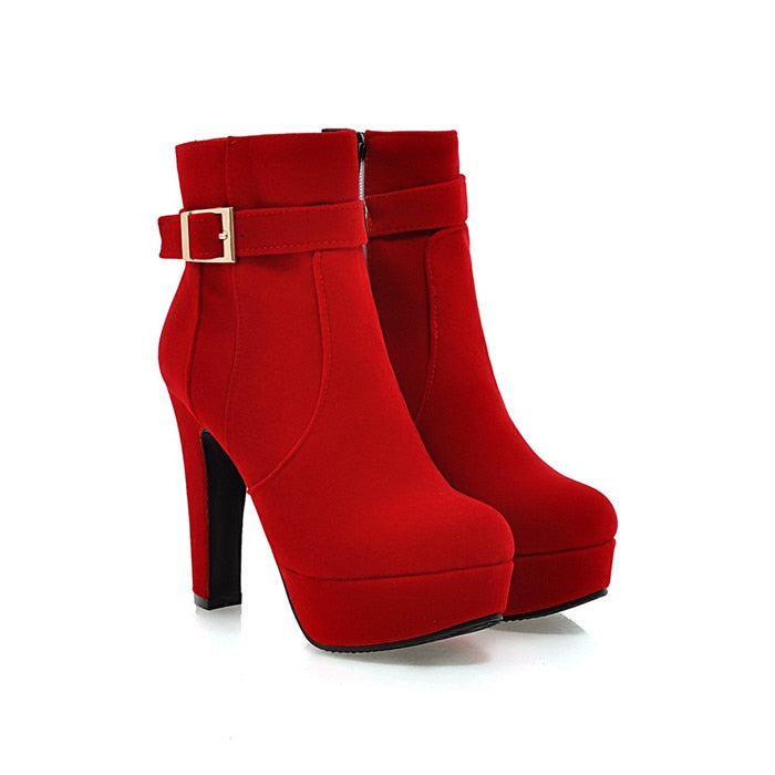 Meotina Female Boots Women Boots Winter Buckle Super High Heel Ankle Boots Zipper Platform Thick Heel Short Shoes Lady Red 33-43 Dsers