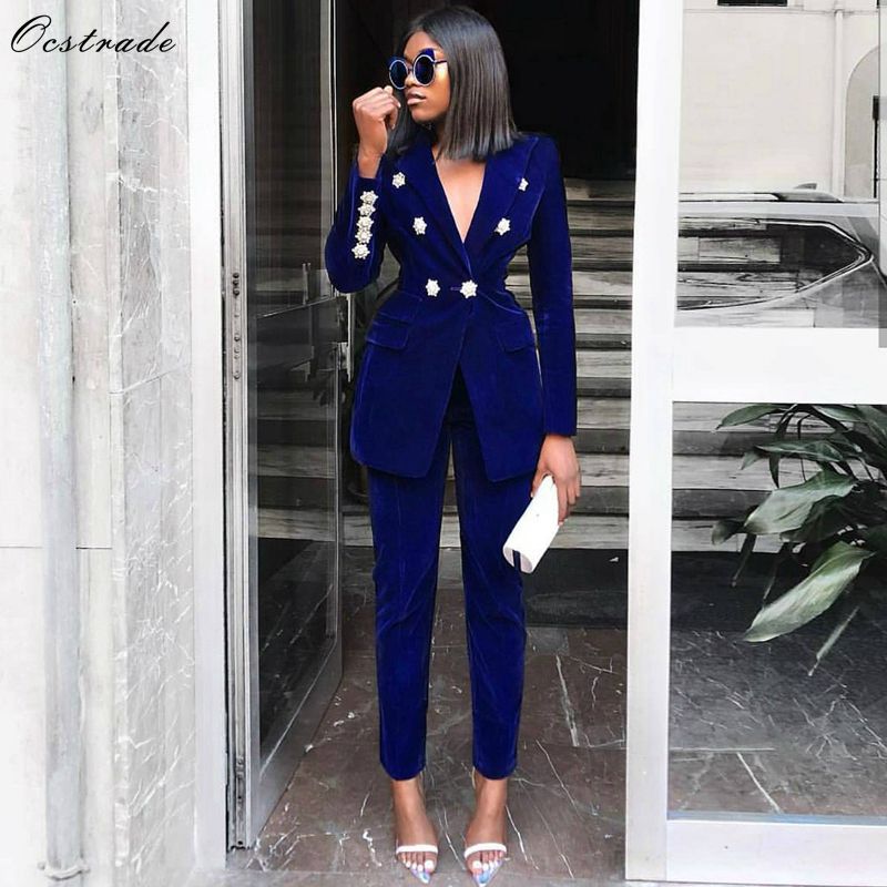 Ocstrade Summer Sets for Women 2020 New Navy Blue V Neck Long Sleeve Sexy 2 Piece Set Outfits High Quality Two Piece Set Suit