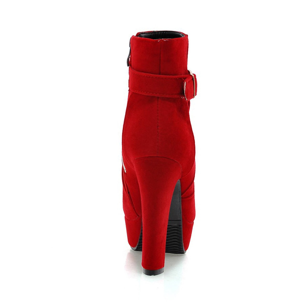 Meotina Female Boots Women Boots Winter Buckle Super High Heel Ankle Boots Zipper Platform Thick Heel Short Shoes Lady Red 33-43 Dsers