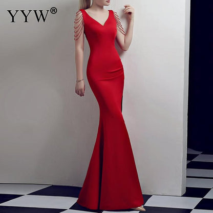 Women's V Neck Sleeveless Evening Dress with High Slit Dsers