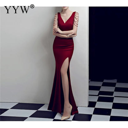 Women's V Neck Sleeveless Evening Dress with High Slit Dsers