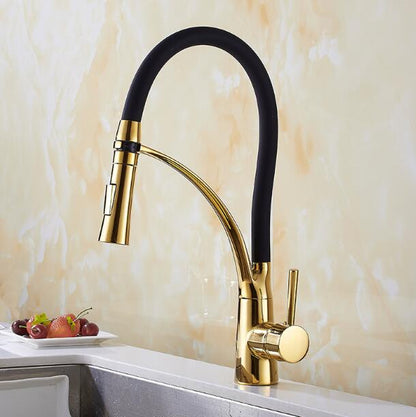 Pull Down Kitchen Faucet Gold Hot and Cold Water Crane Mixer Deck Mounted Kitchen Sink Faucets with Rubber Design ELK909G Dsers