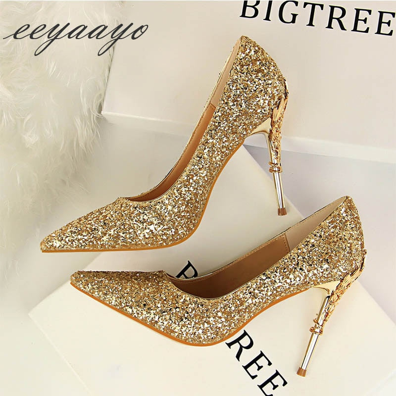 Women's Glitter Covered Stilettos with Metal Design on Heels Dsers