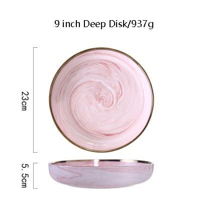 Pink Marble Ceramic Dinnerware Plates Lunch Food Fruit Salad Soup Deep Bowl Tableware Wedding Kitchen Utensils Porcelain Set Dsers