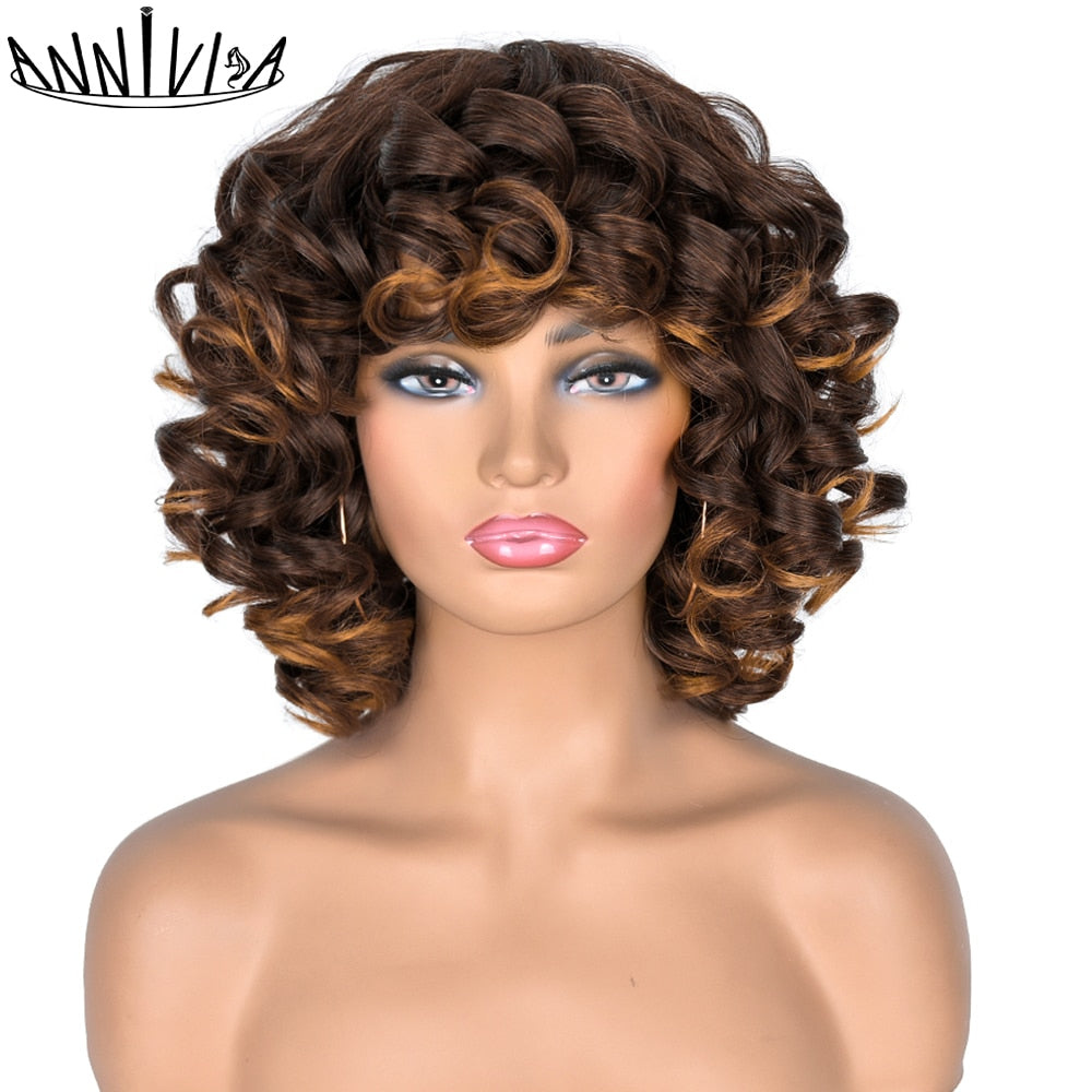 Short Hair Afro Curly Wig With Bangs For Black Women Synthetic Ombre Glueless Cosplay Wigs High Temperature Annivia