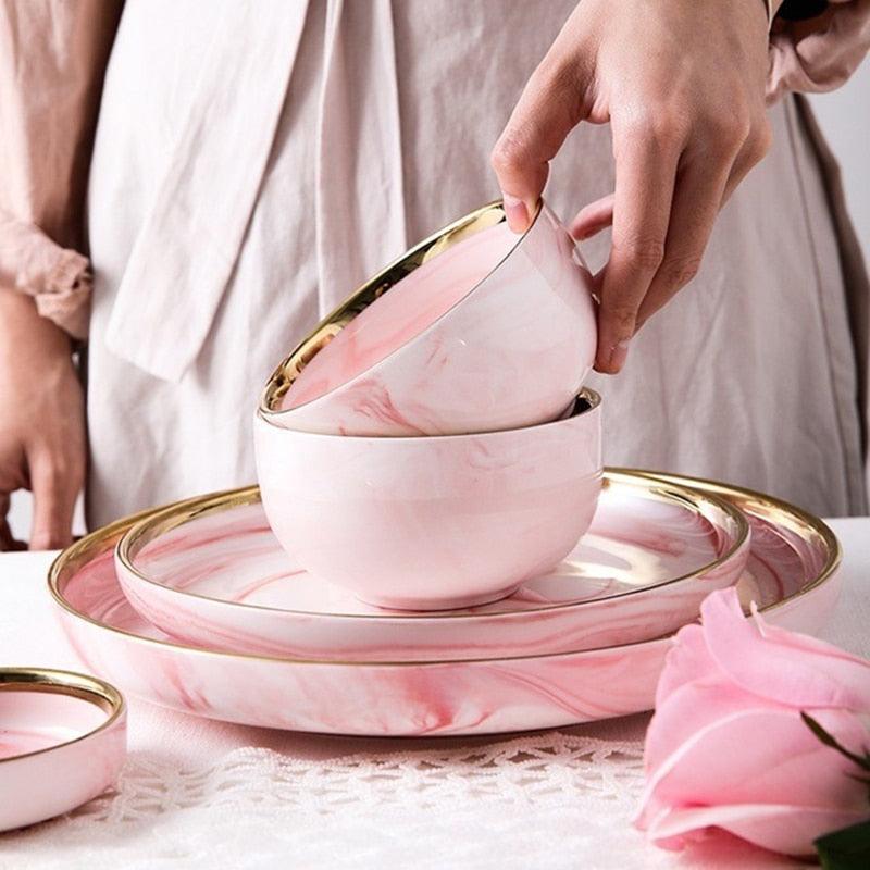 Pink Marble Ceramic Dinnerware Plates Lunch Food Fruit Salad Soup Deep Bowl Tableware Wedding Kitchen Utensils Porcelain Set Dsers