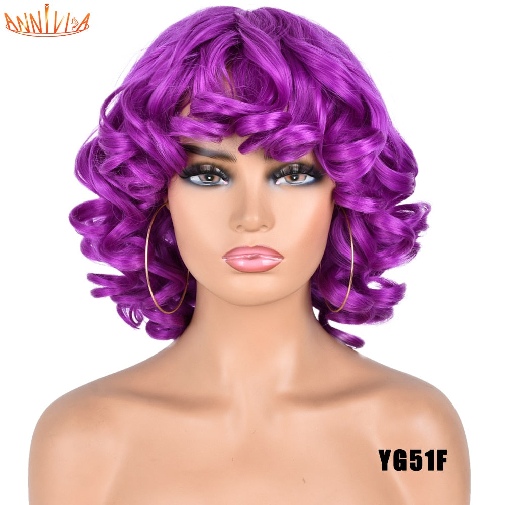 Short Hair Afro Curly Wig With Bangs For Black Women Synthetic Ombre Glueless Cosplay Wigs High Temperature Annivia