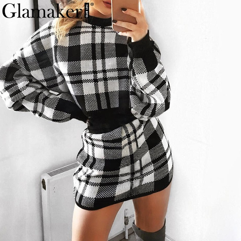 Women's 2 Piece Knit Sweater and Skirt Set in Plaid Dsers