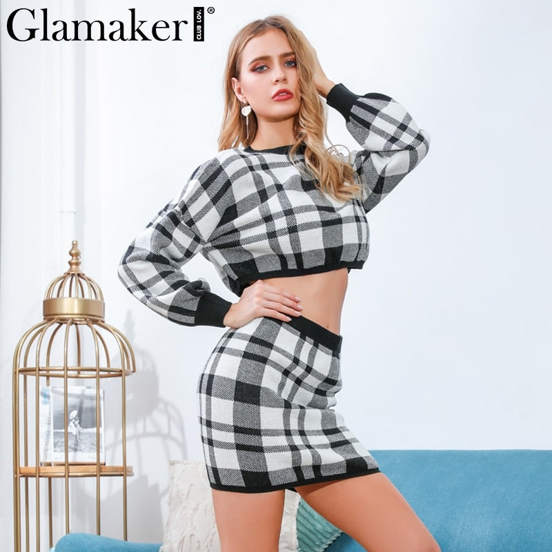 Women's 2 Piece Knit Sweater and Skirt Set in Plaid Dsers