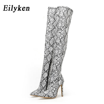 Women's Knee High Snake Pattern Pointed Toe Zipper Boots Dsers