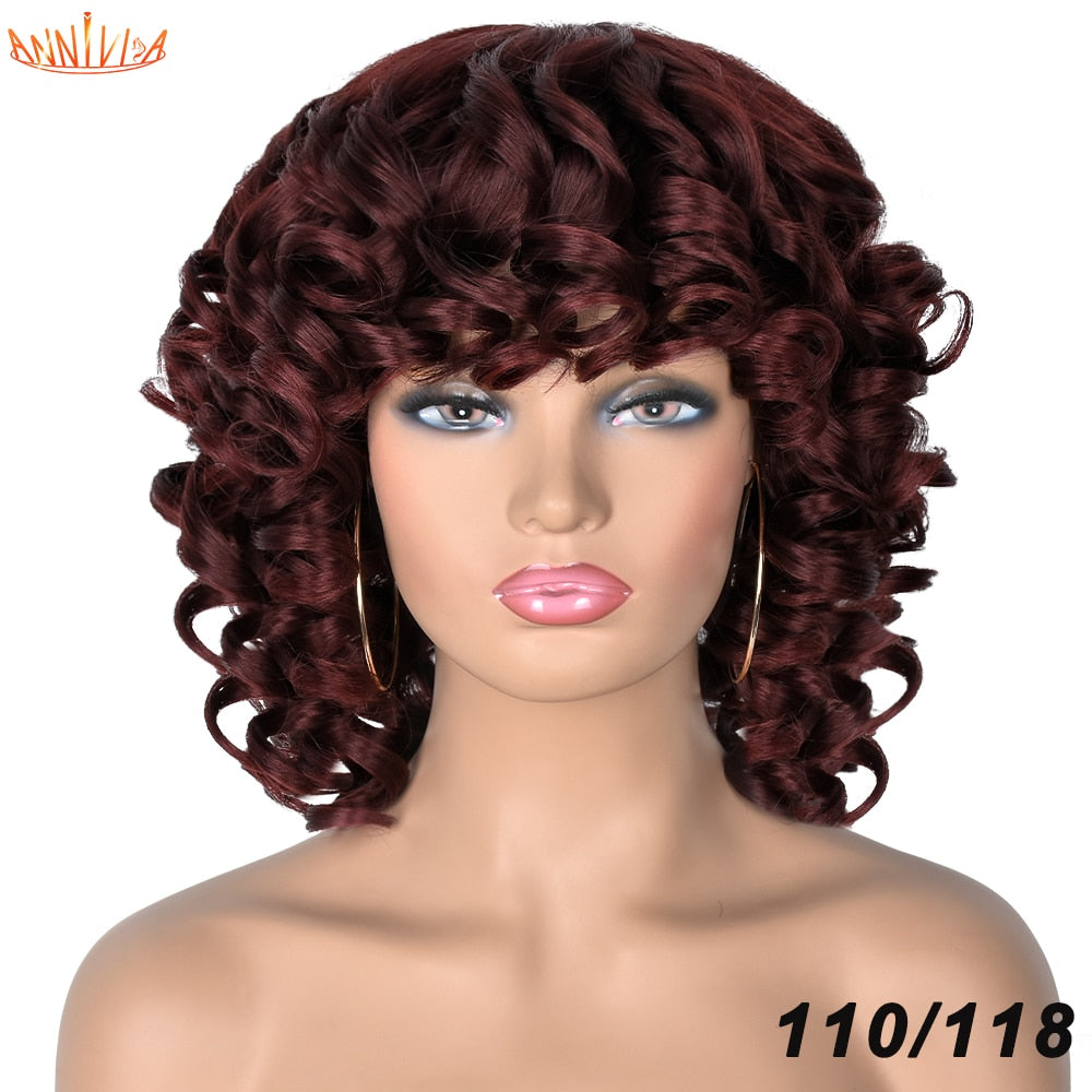 Short Hair Afro Curly Wig With Bangs For Black Women Synthetic Ombre Glueless Cosplay Wigs High Temperature Annivia