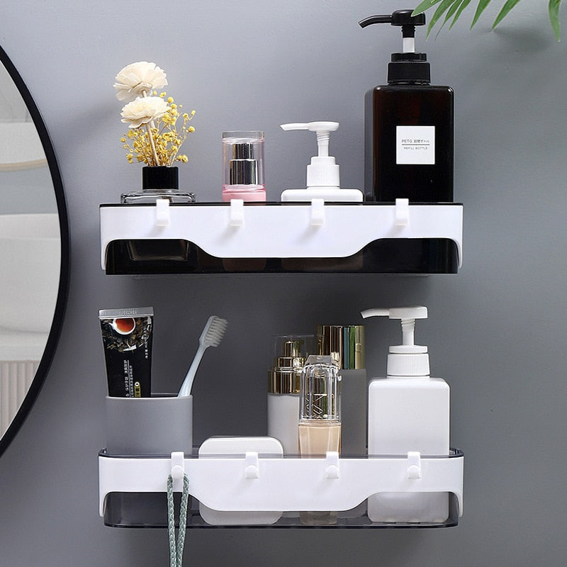 Wall-mounted Storage Rack Bathroom Shelf  For Kitchen With Hooks Storage Bathroom Accessories Without Drill Plastic Container Dsers