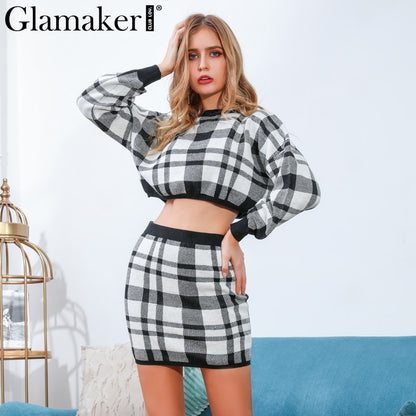 Women's 2 Piece Knit Sweater and Skirt Set in Plaid Dsers