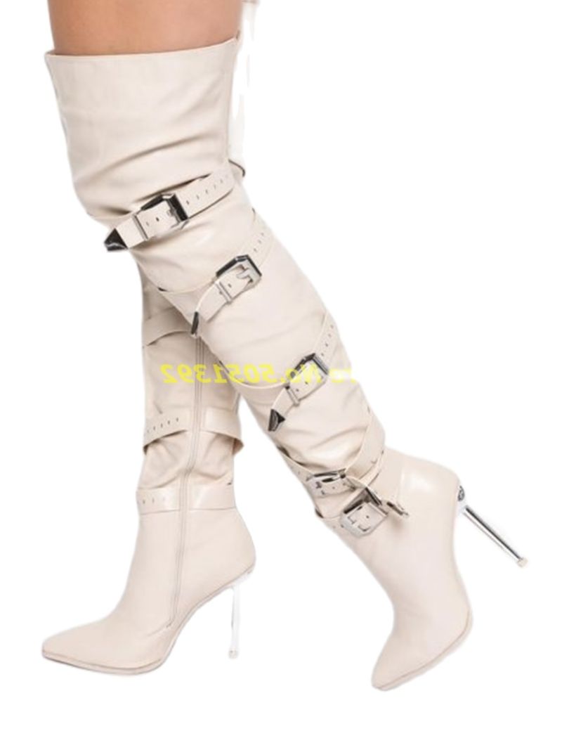 Stiletto Boots In Bone Multi-Buckle Over The Knee Zipper Thigh High Boots Solid Pointy Toe White Custom Made Runway Dress Boots Dsers