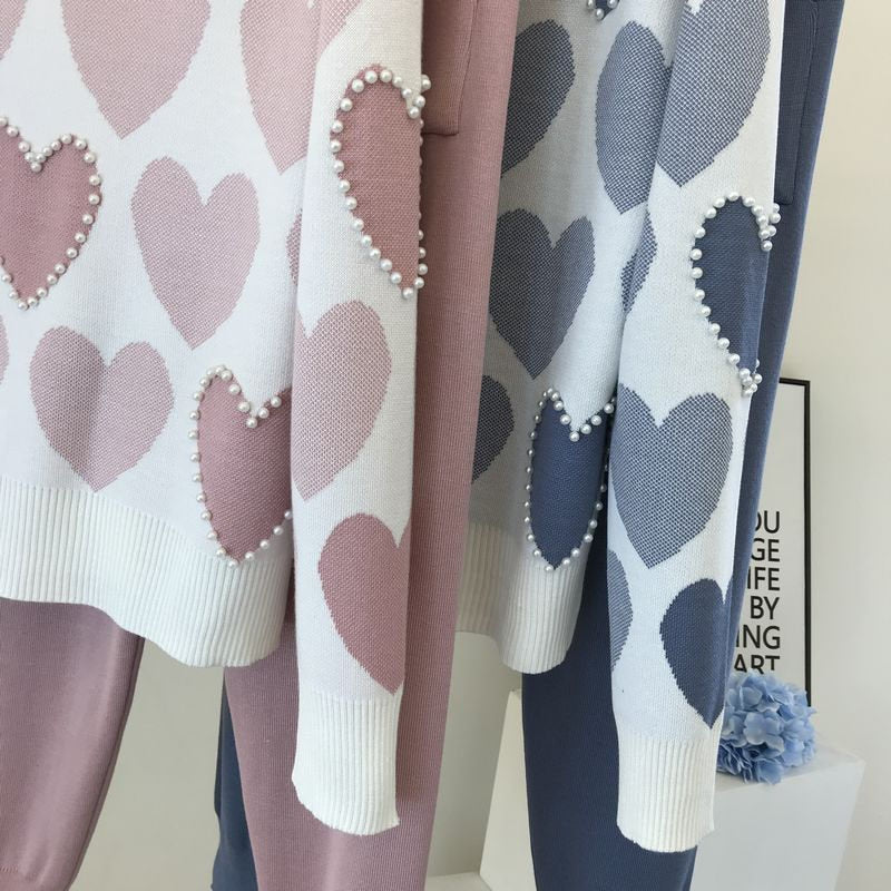 Women's Two Piece Pearl Heart Sweater and Matching Leggings Set Dsers