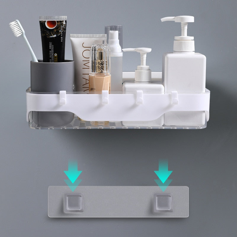 Wall-mounted Storage Rack Bathroom Shelf  For Kitchen With Hooks Storage Bathroom Accessories Without Drill Plastic Container Dsers