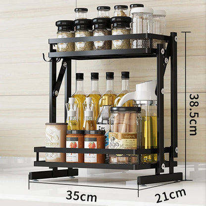 Spice Rack Organizer, Foldable 2-Layers Bathroom Shelf Organizer Multi-function Countertop Kitchen Rack Organizer with 3 Hooks Dsers