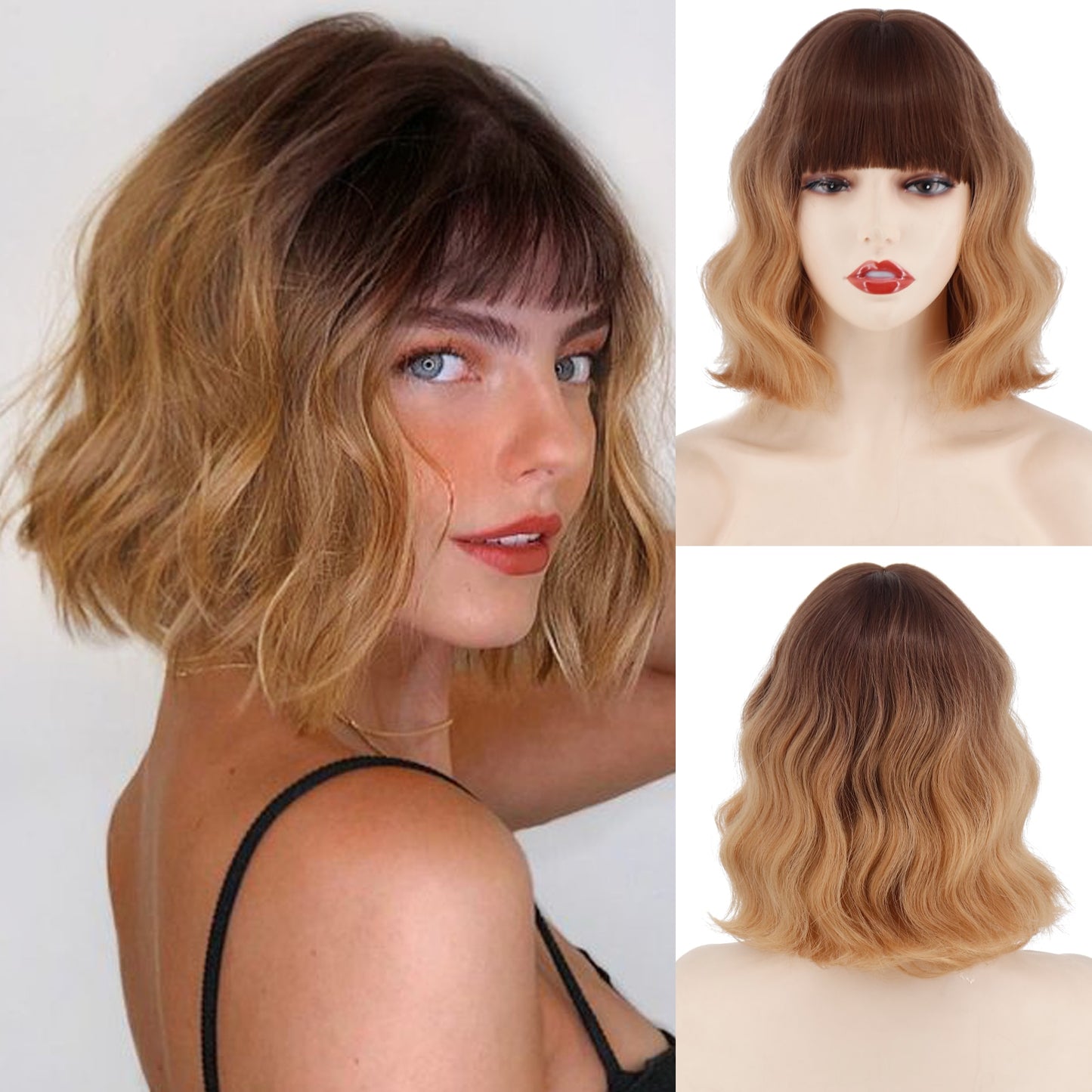 Short Bob Synthetic Wigs for Women Short Wavy Wigs with Bangs Wavy Bob Wig Wine Red Wig Heat Resistant Fiber Cosplay hair