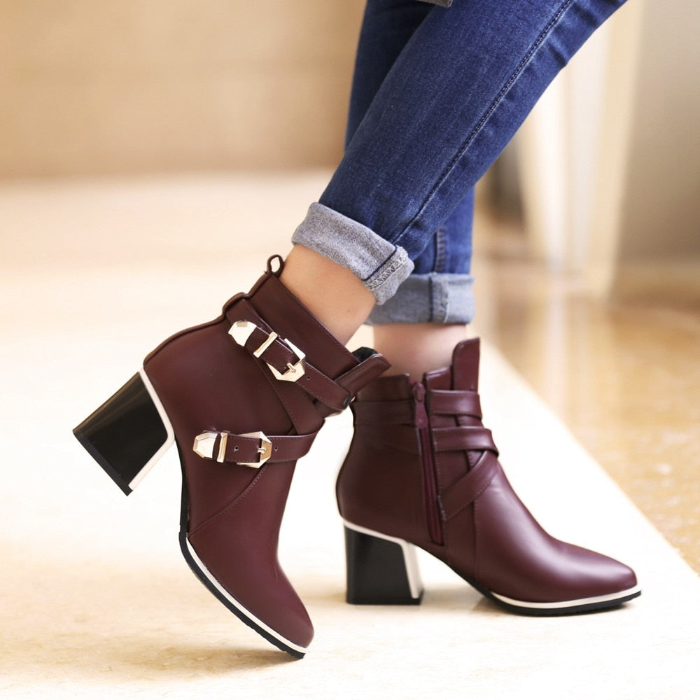 Women's Pointed Toe Square Heel Buckle Ankle Boots Dsers