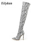 Women's Knee High Snake Pattern Pointed Toe Zipper Boots Dsers