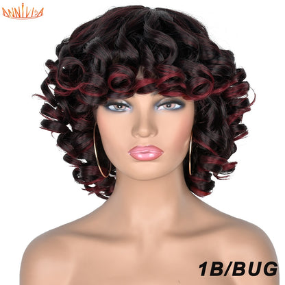 Short Hair Afro Curly Wig With Bangs For Black Women Synthetic Ombre Glueless Cosplay Wigs High Temperature Annivia