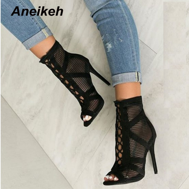 Women's Mesh Lace Up High Heel Boots Dsers