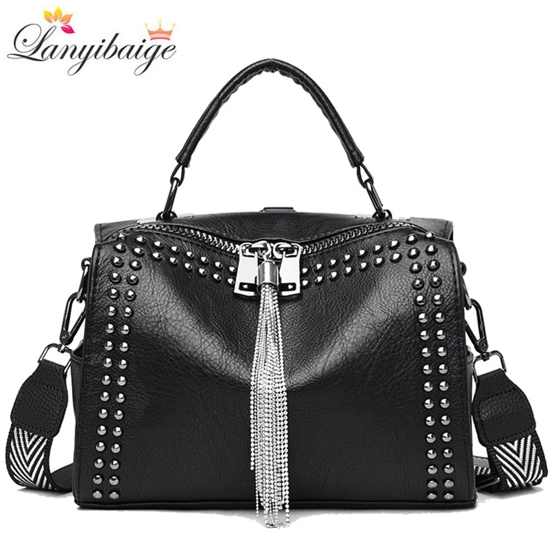 Women's Small Punk Theme Shoulder Bag with Rivets and Tassel Dsers