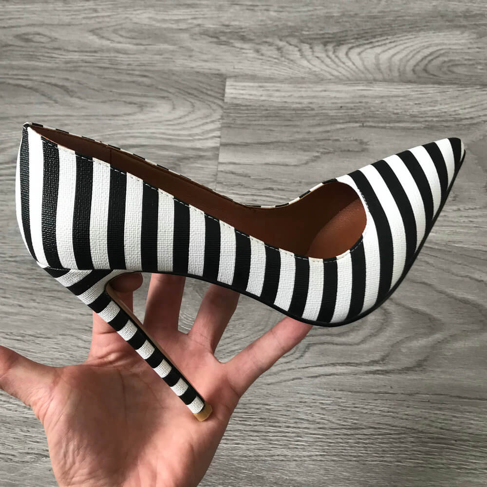 Women's Black and White Striped Pointed Toed Stilettos Dsers