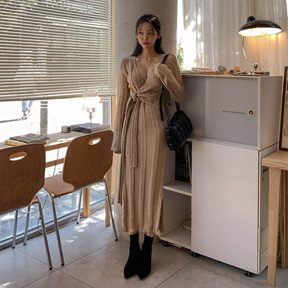 Women's Sweater Dress Korean Version Sexy V-neck Long-Sleeved Tie Knitted Dress Clothing Autumn Winter Elegant Women's Dsers