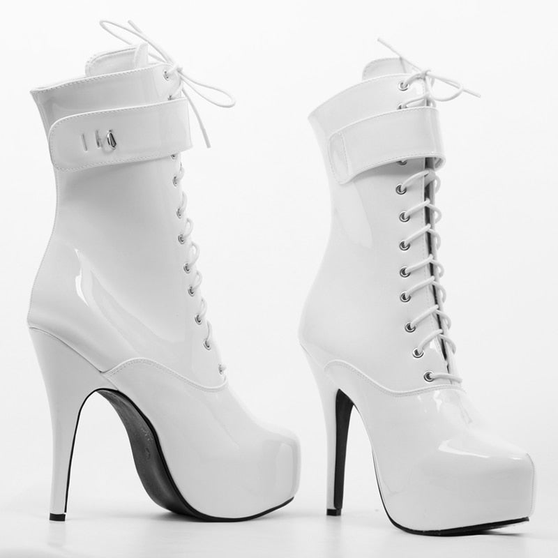 Women's Shiny Lace Up Boots with Lock and Key Dsers