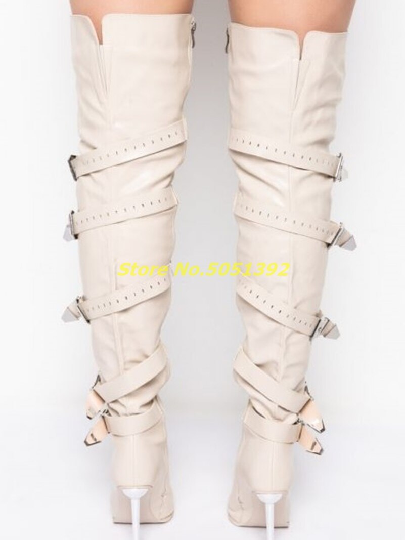 Stiletto Boots In Bone Multi-Buckle Over The Knee Zipper Thigh High Boots Solid Pointy Toe White Custom Made Runway Dress Boots Dsers