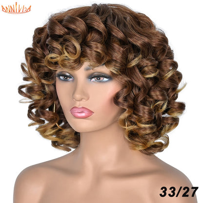 Short Hair Afro Curly Wig With Bangs For Black Women Synthetic Ombre Glueless Cosplay Wigs High Temperature Annivia