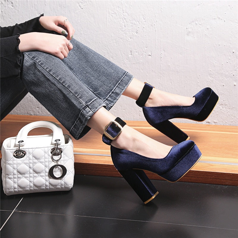 Women's Velvet Round Toe Platform Chunky Heels Wedge Heels Blue High Dsers