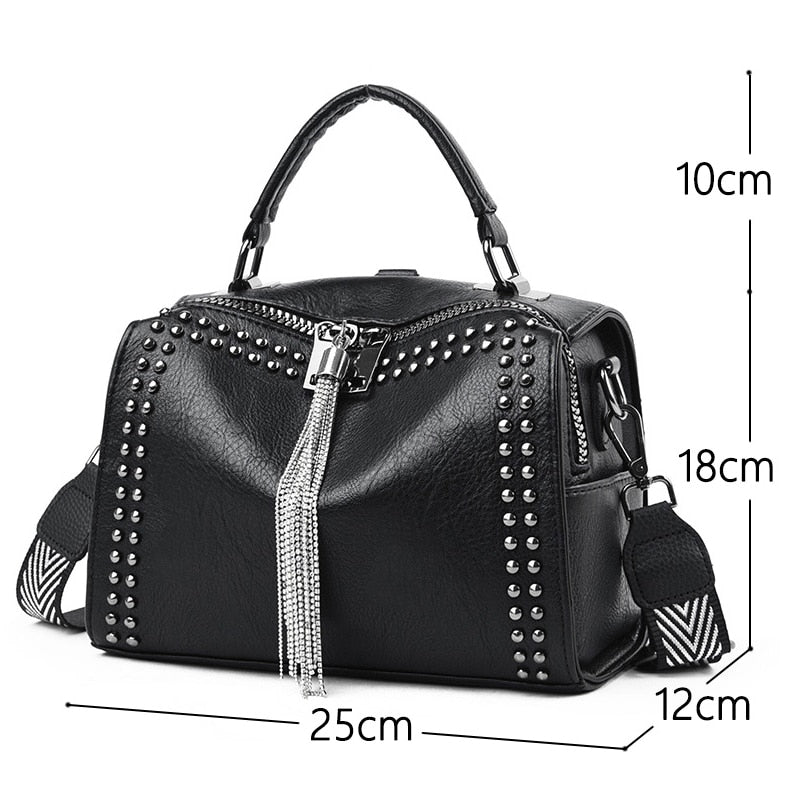 Women's Small Punk Theme Shoulder Bag with Rivets and Tassel Dsers