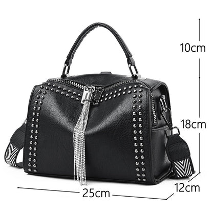 Women's Small Punk Theme Shoulder Bag with Rivets and Tassel Dsers