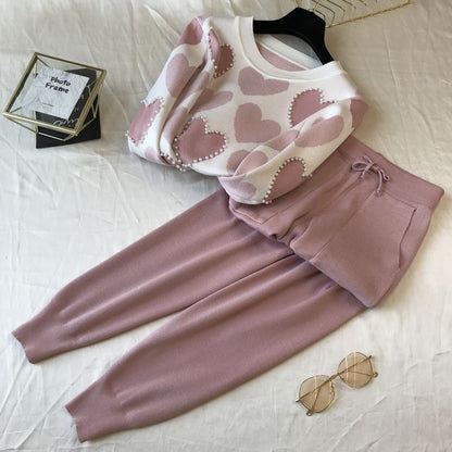 Women's Two Piece Pearl Heart Sweater and Matching Leggings Set Dsers