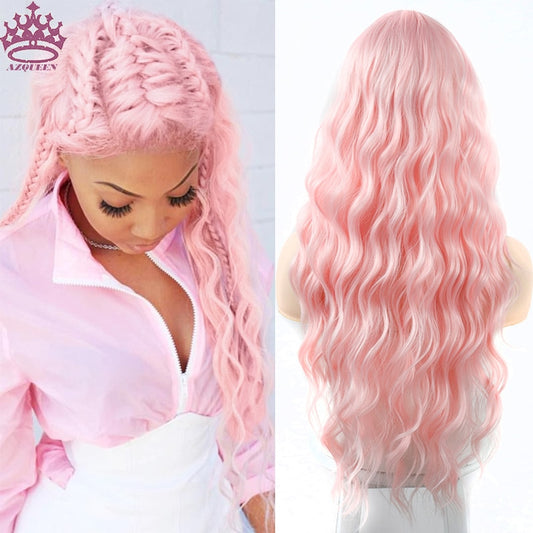 AZQUEEN Synthetic Wig for Women Long Pink Wigs Water Wave Heat Resistant Middle Part Natural Hair Wig Cosplay Wigs