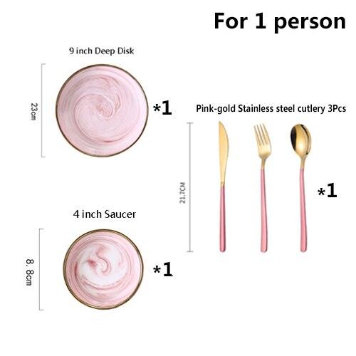 Pink Marble Ceramic Dinnerware Plates Lunch Food Fruit Salad Soup Deep Bowl Tableware Wedding Kitchen Utensils Porcelain Set Dsers