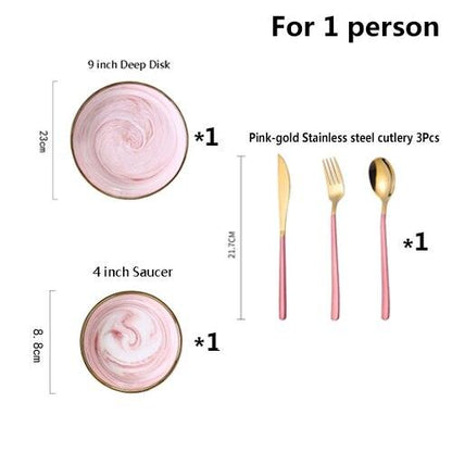 Pink Marble Ceramic Dinnerware Plates Lunch Food Fruit Salad Soup Deep Bowl Tableware Wedding Kitchen Utensils Porcelain Set Dsers